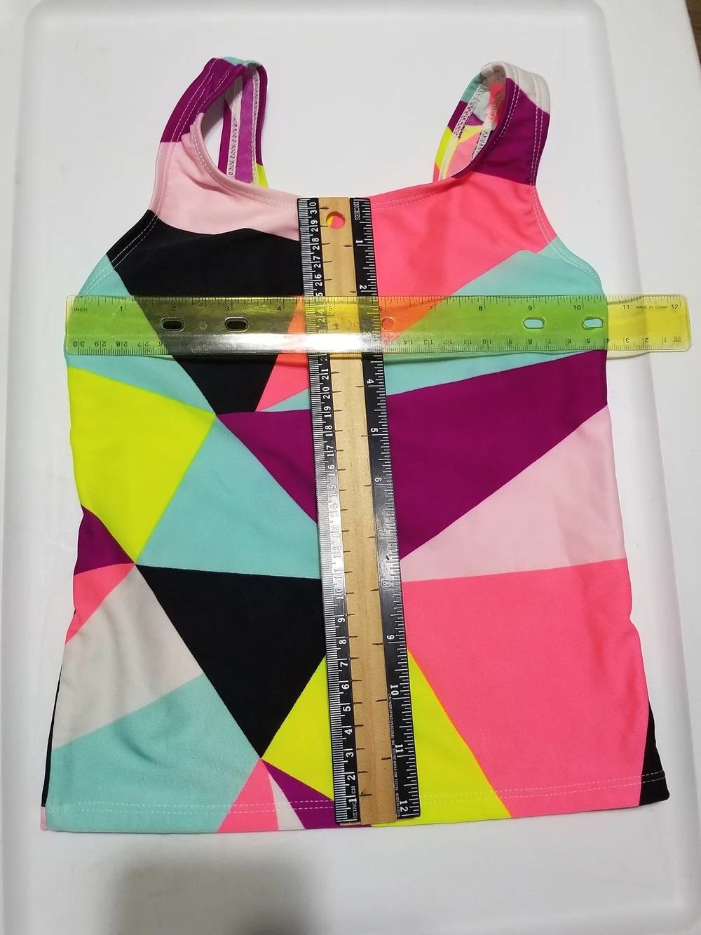 art class Medium Pink, Neon Yellow, Aqua, Purple, & Black Geometric Tankini Top